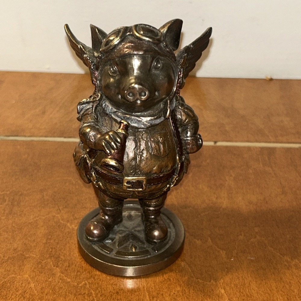 Veronese Design 5 1/4" Steampunk Aviator Flying Pig Resin Figurine Bronze Finish